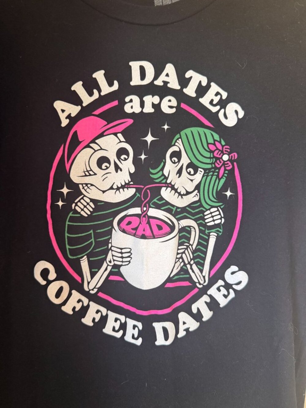Rad Coffee All Dates are Coffee Dates Black + Dayglow Neon Skeleton Tee - XS